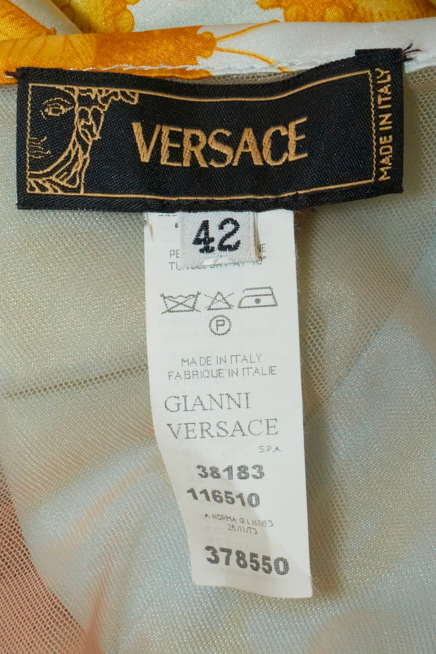 Versace Spring 2005 Silk Gold Print Backless Midi Dress