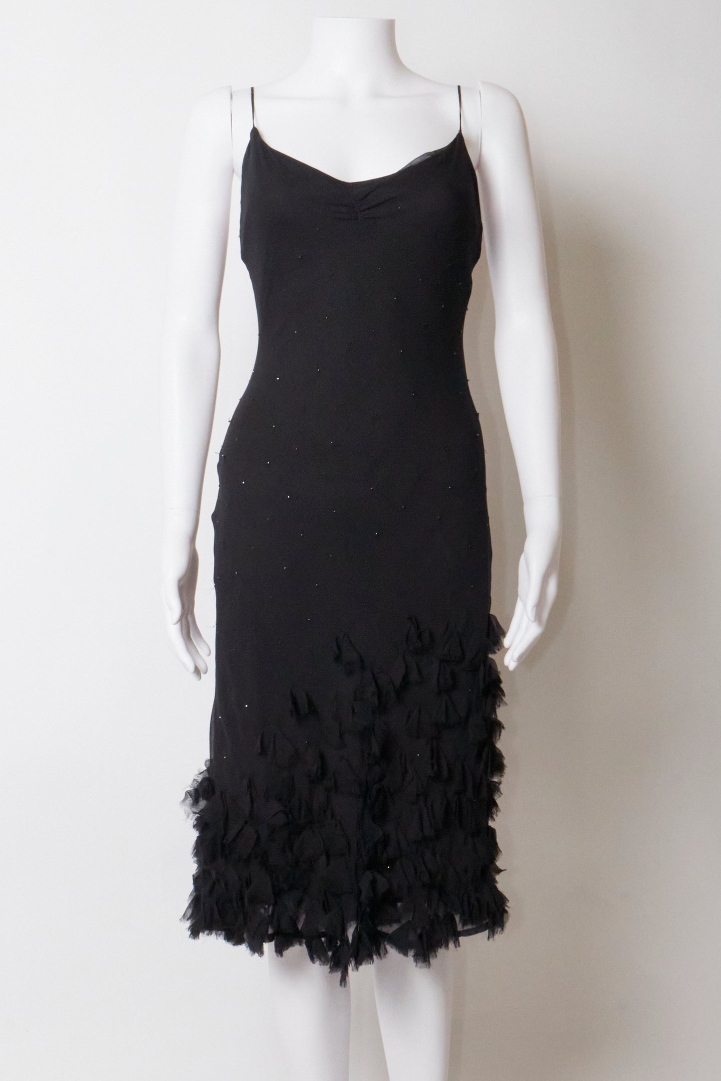 Betsey Johnson 2000s Black Silk Beaded Ruffle Midi Dress