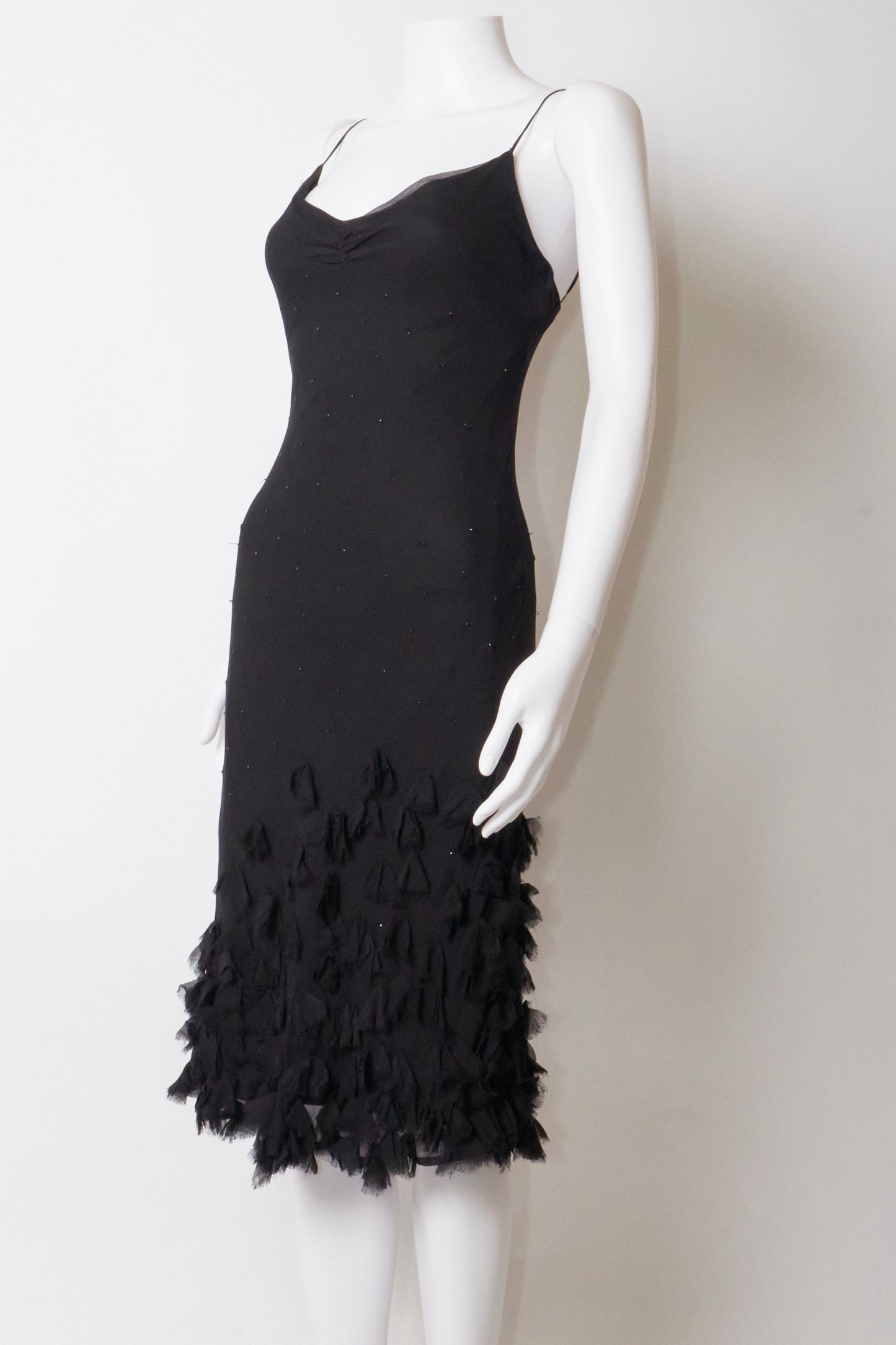 Betsey Johnson 2000s Black Silk Beaded Ruffle Midi Dress