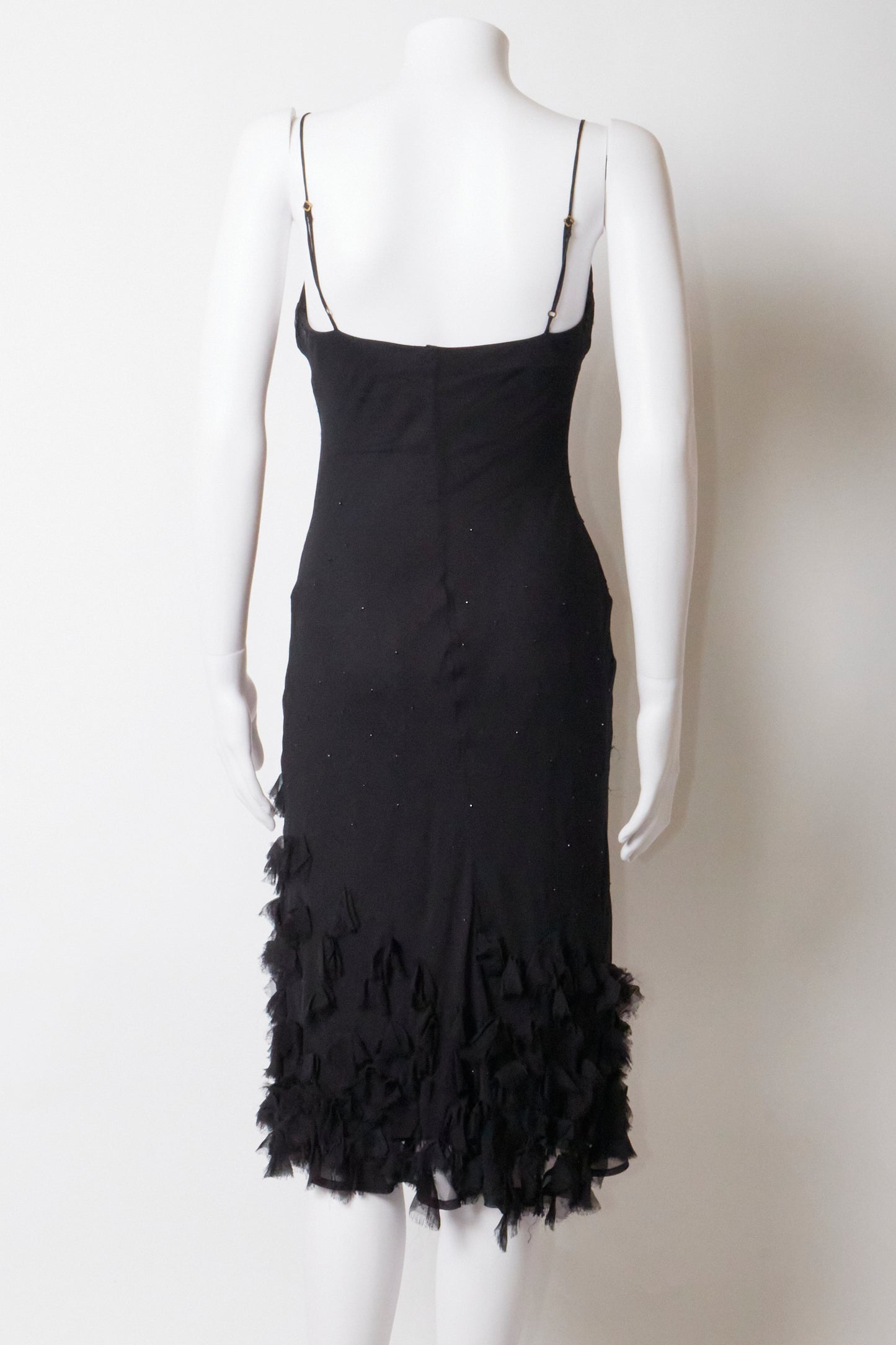 Betsey Johnson 2000s Black Silk Beaded Ruffle Midi Dress