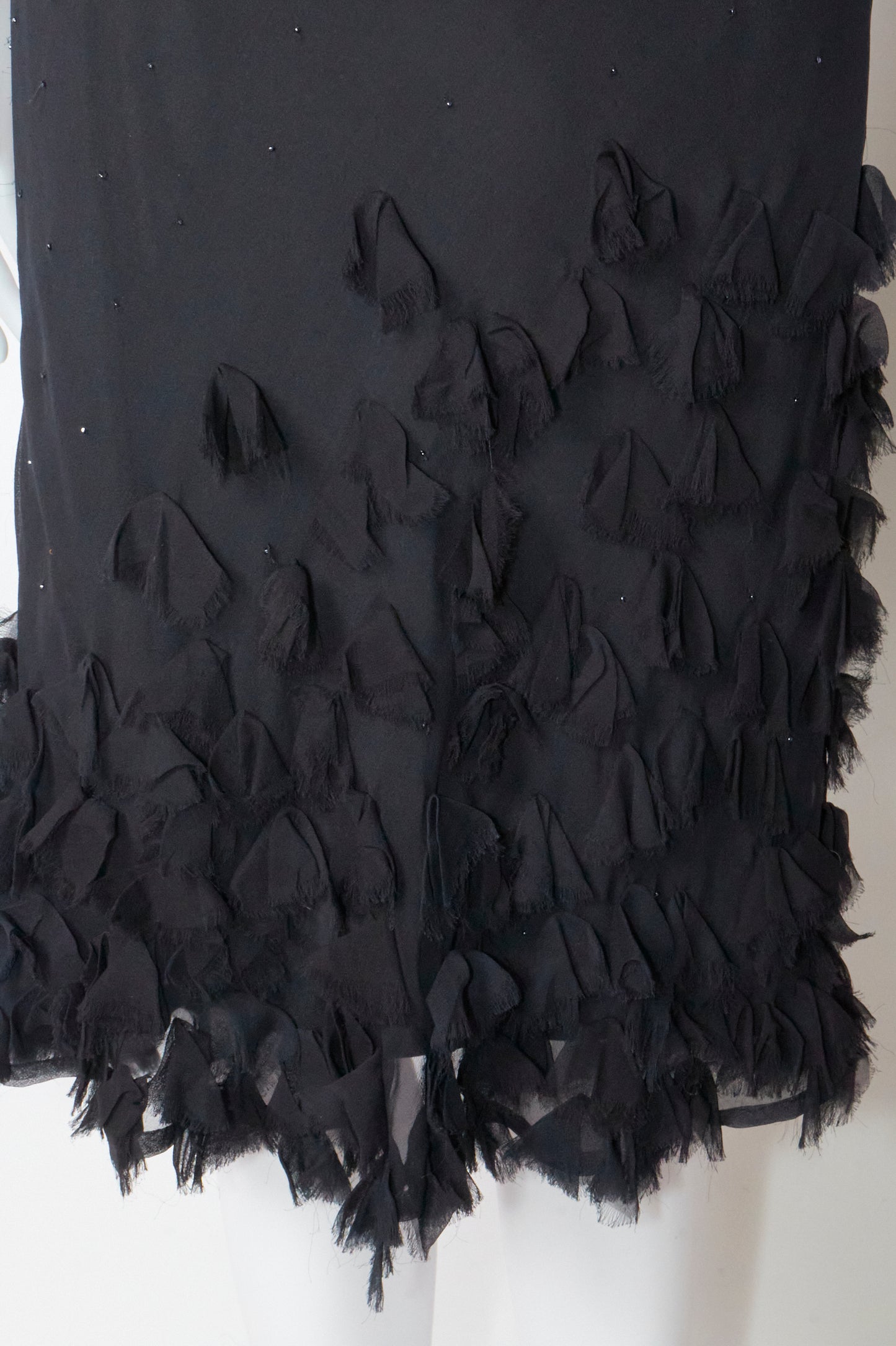 Betsey Johnson 2000s Black Silk Beaded Ruffle Midi Dress
