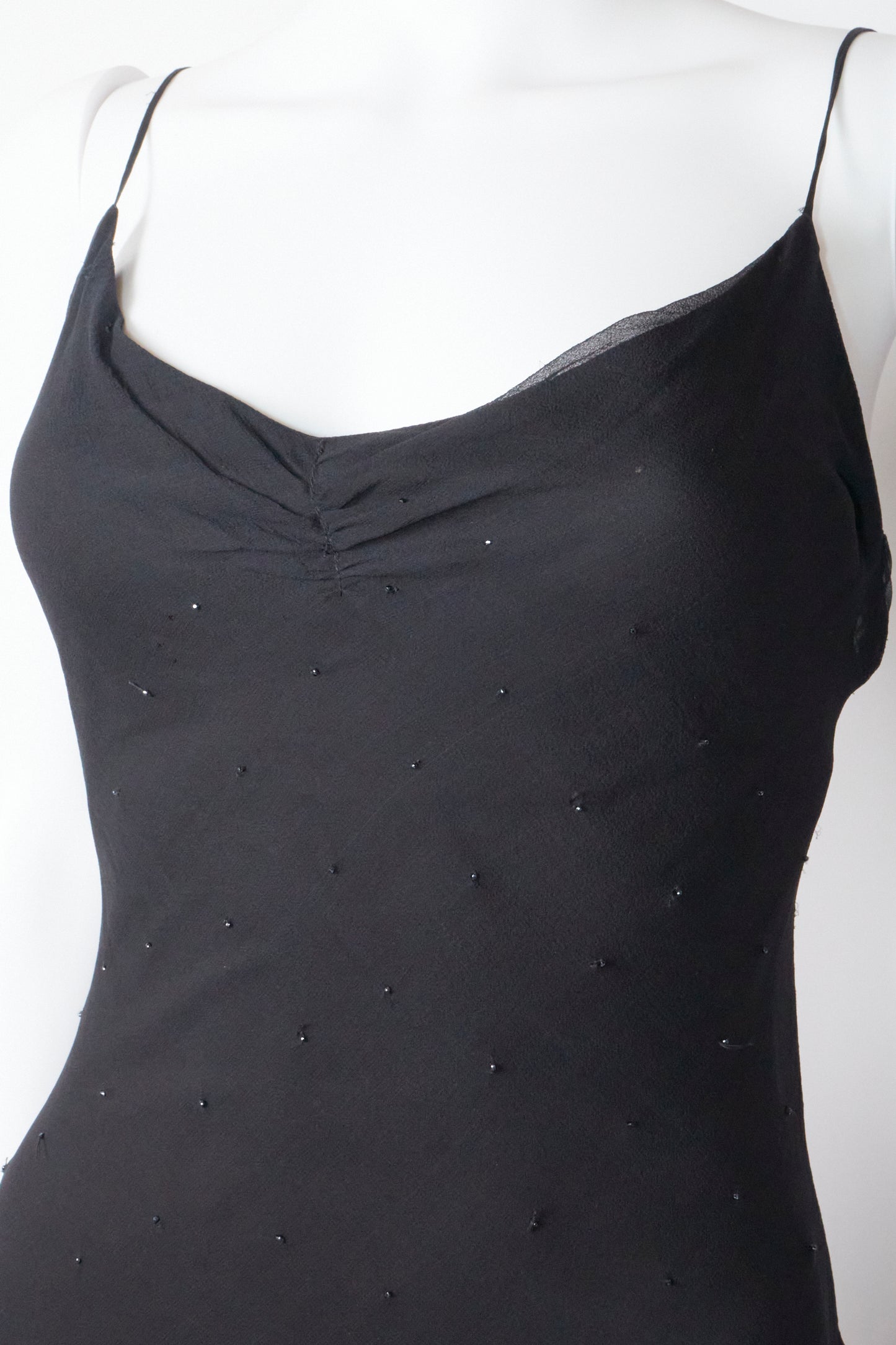 Betsey Johnson 2000s Black Silk Beaded Ruffle Midi Dress
