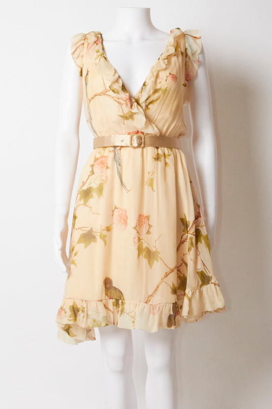 Alexander Mcqueen 2006 Floral Birds Silk Belted Ruffle Dress