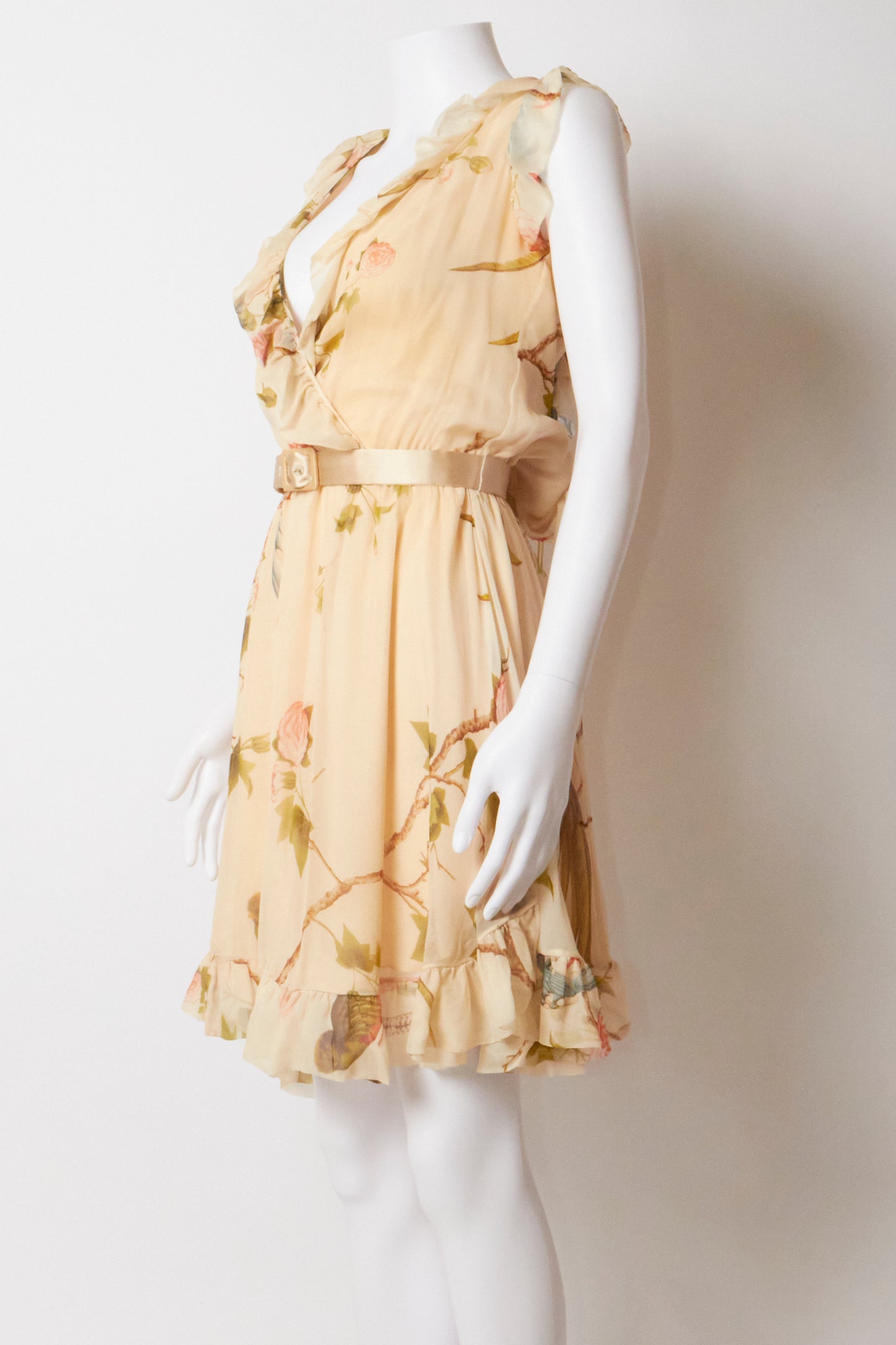 Alexander Mcqueen 2006 Floral Birds Silk Belted Ruffle Dress