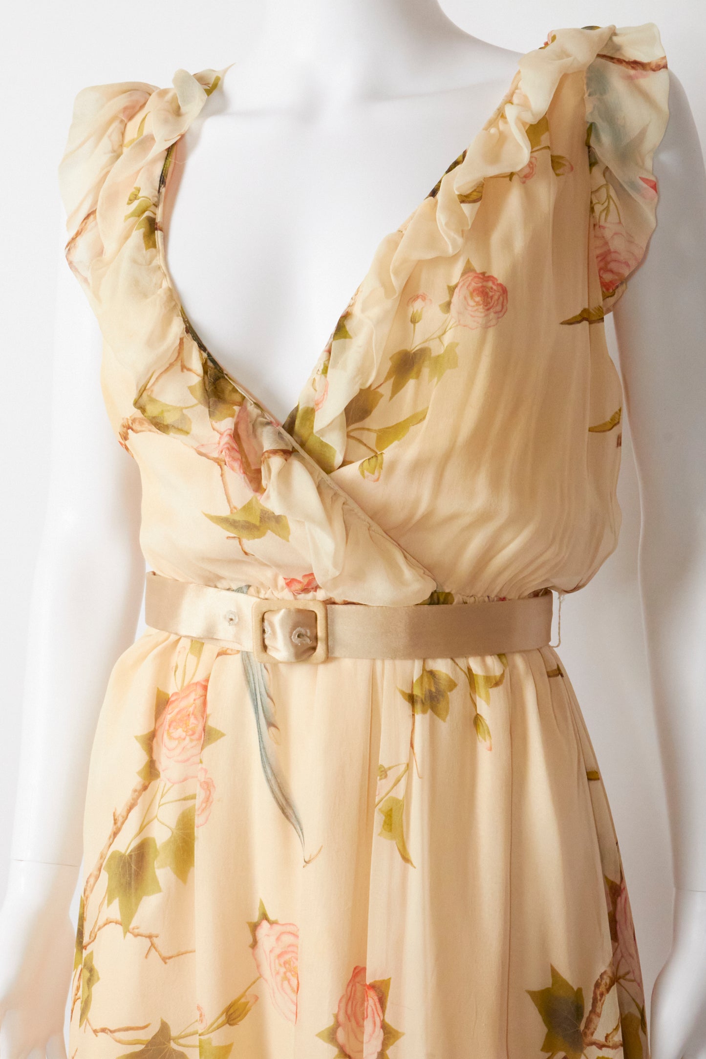Alexander Mcqueen 2006 Floral Birds Silk Belted Ruffle Dress