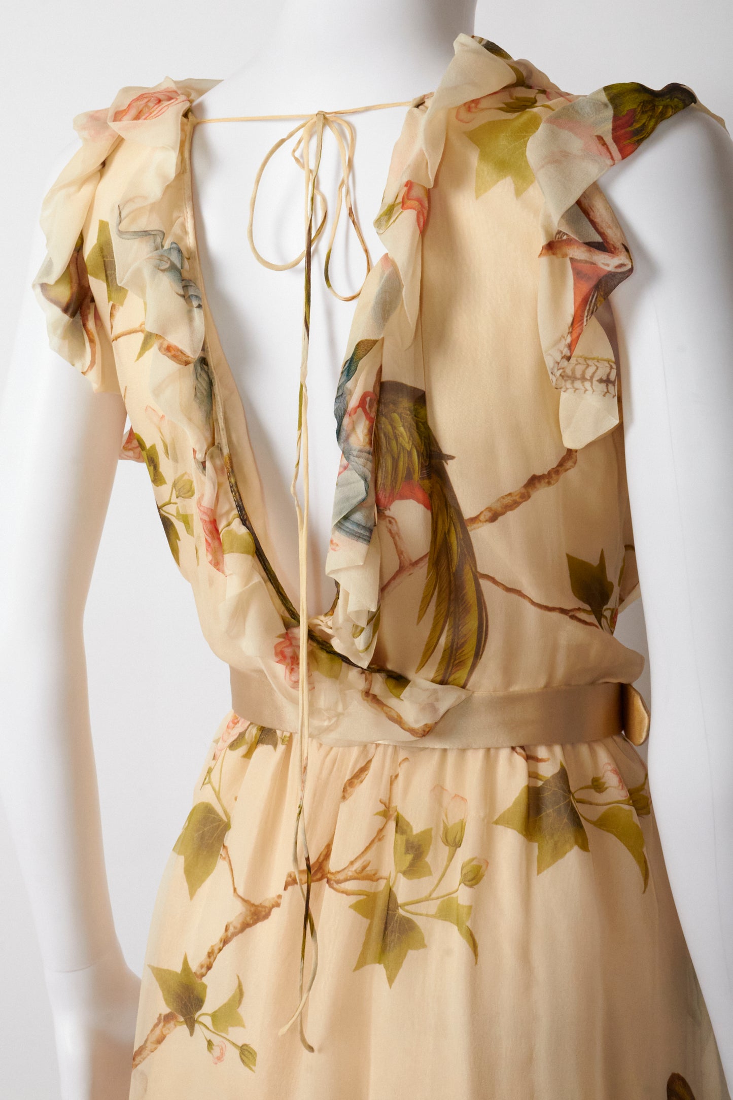 Alexander Mcqueen 2006 Floral Birds Silk Belted Ruffle Dress