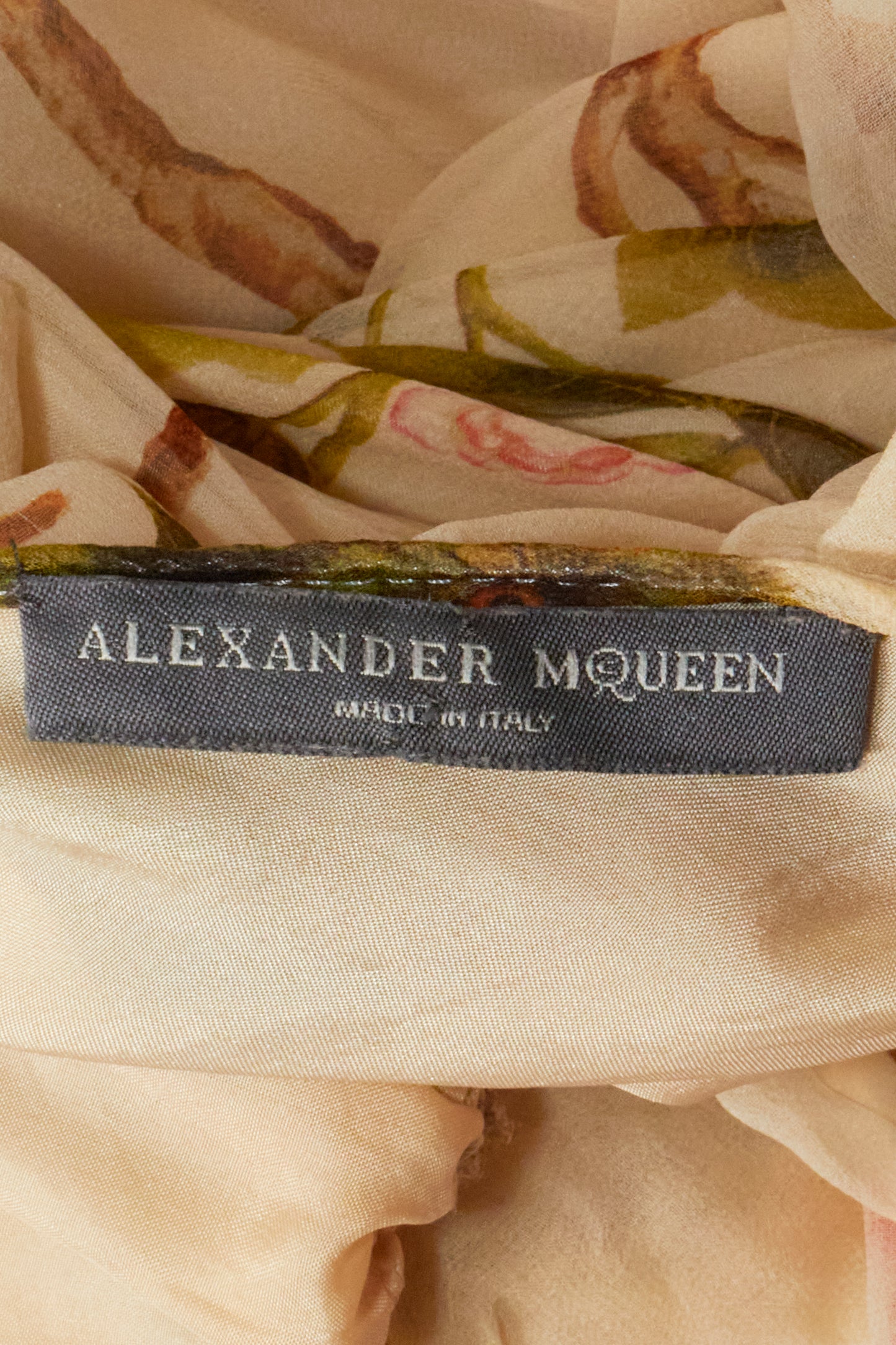 Alexander Mcqueen 2006 Floral Birds Silk Belted Ruffle Dress