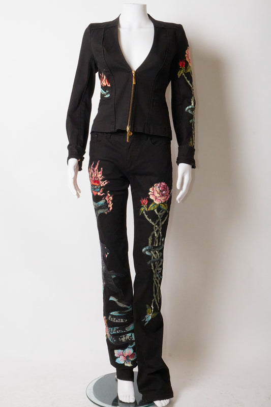 Roberto Cavalli 2003 Embroidered Jacket & Trousers Set