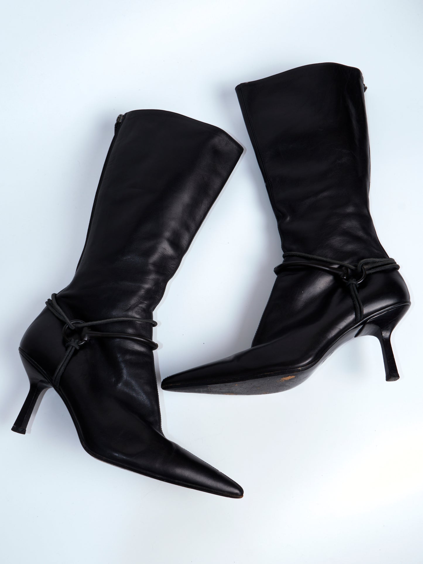 90s Black Leather Horsebit High Knee Boots