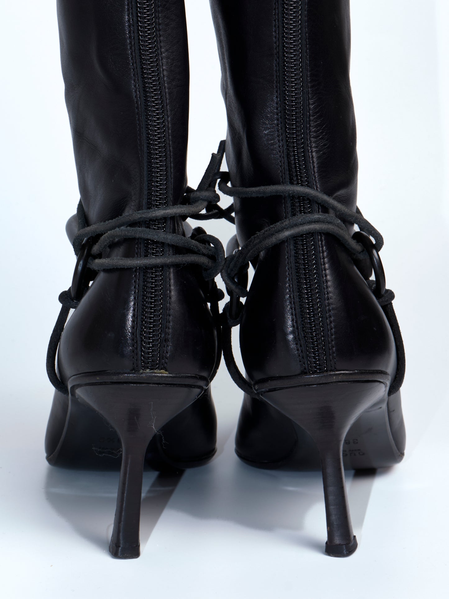 90s Black Leather Horsebit High Knee Boots