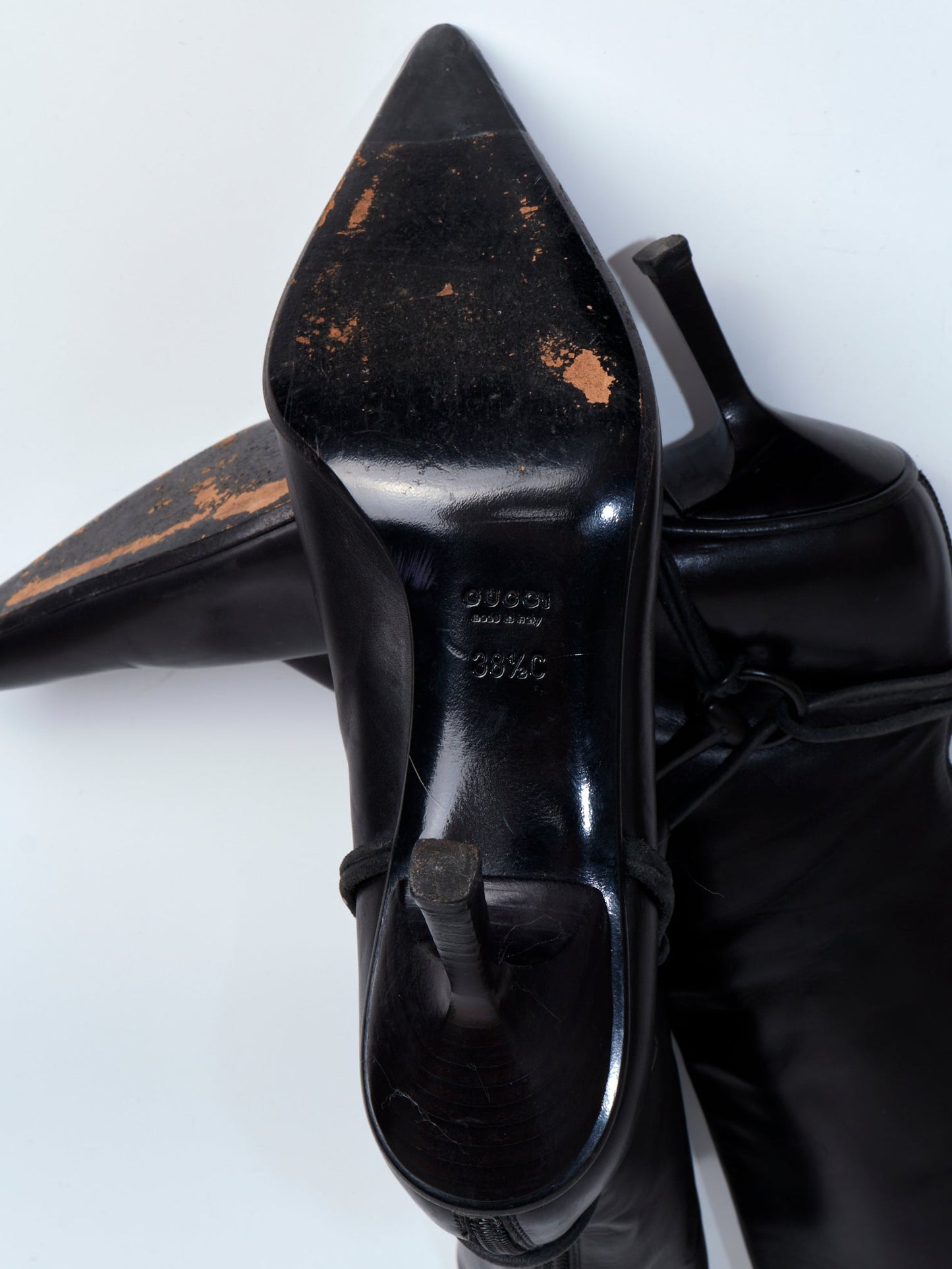 90s Black Leather Horsebit High Knee Boots