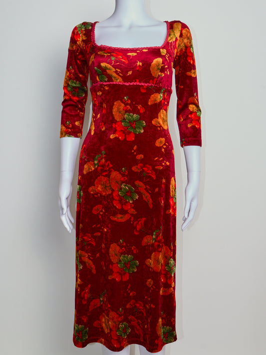 90s Rory Gilmore Burgundy Floral Velvet Midi Dress