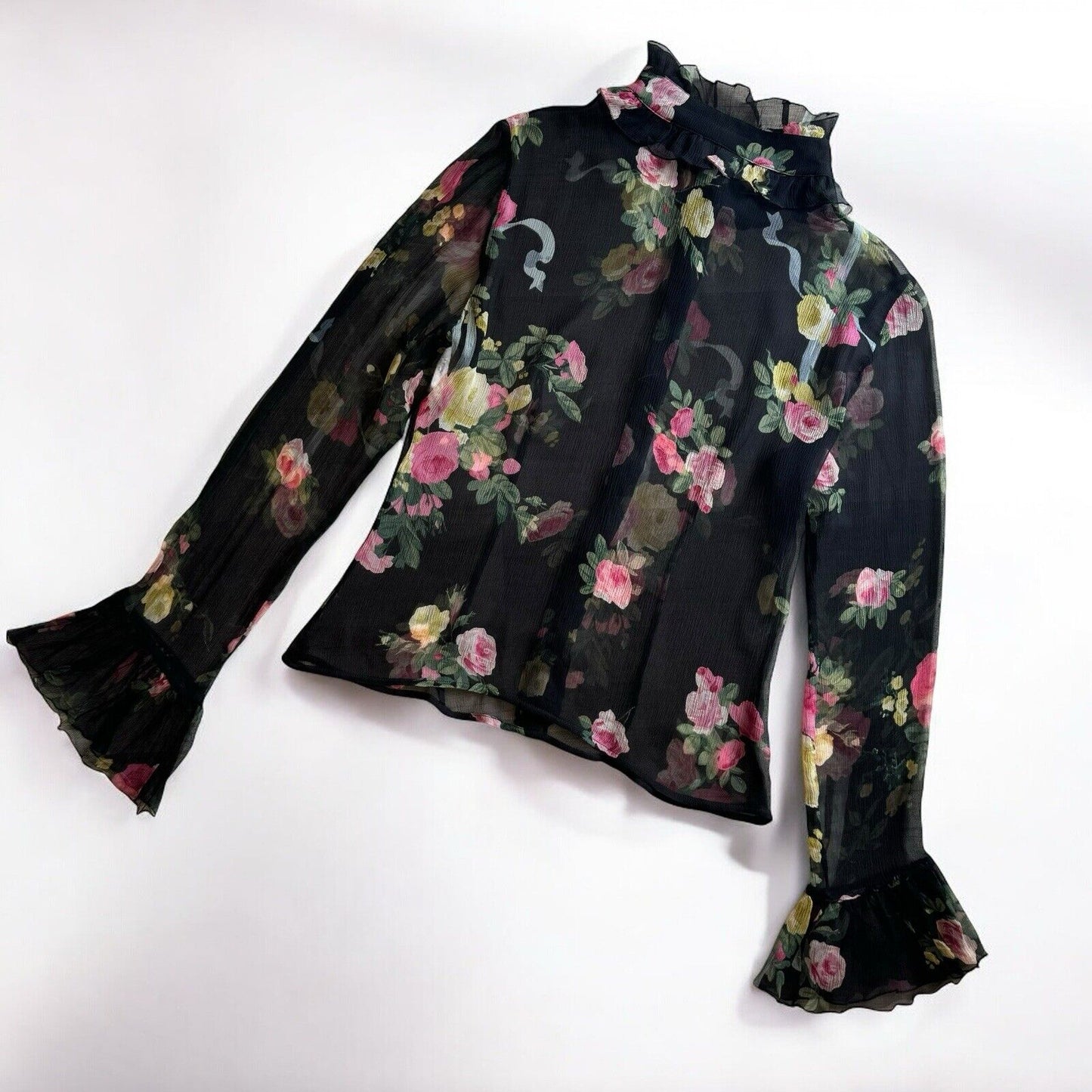 Blumarine Blugirl Black Floral Silk Ruffle Shirt Size IT 44