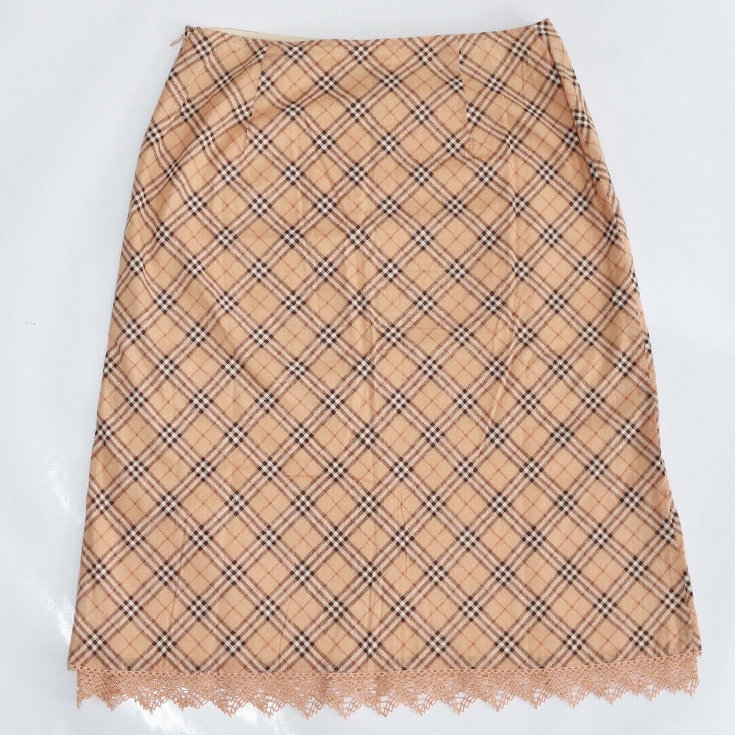 Burberry Vintage Pink Check Midi Skirt Lace Detail Size 36