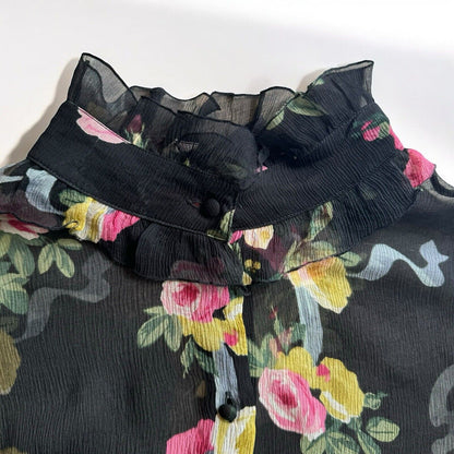 Blumarine Blugirl Black Floral Silk Ruffle Shirt Size IT 44