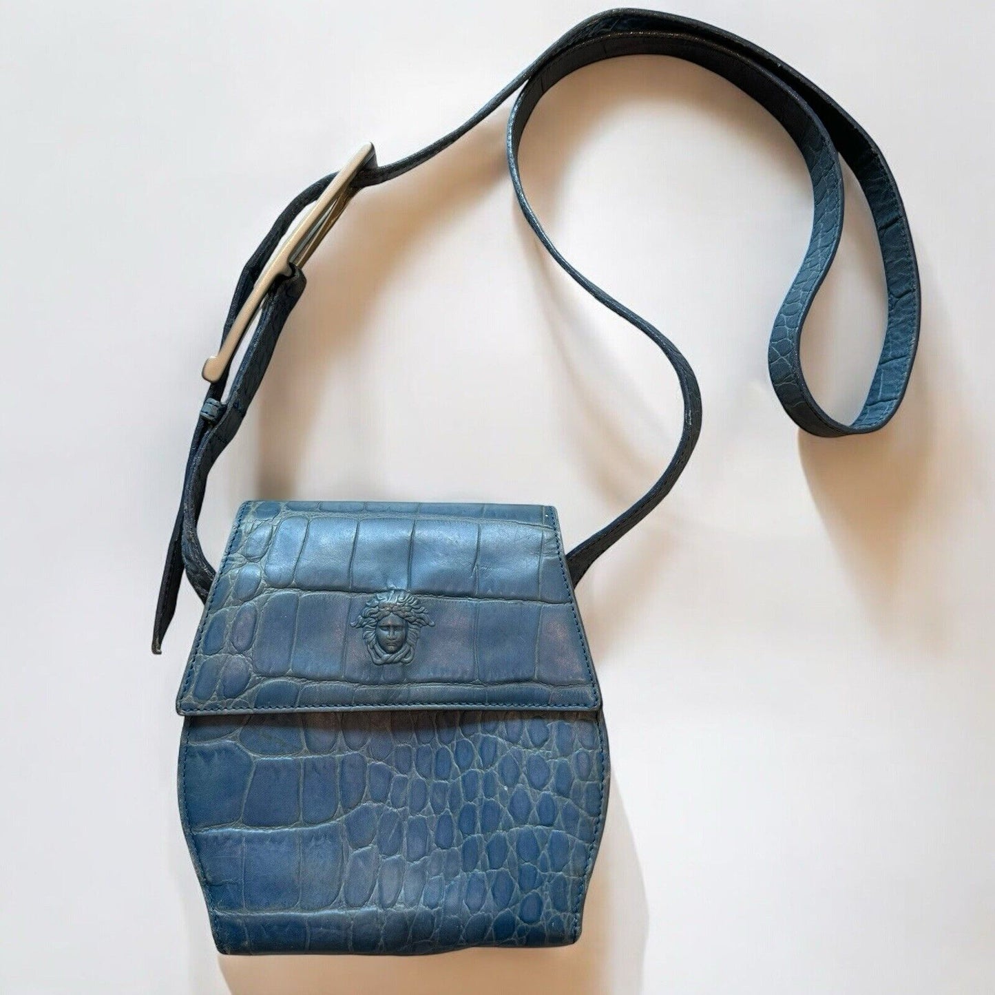 Gianni Versace Blue Leather Vintage Medusa Crossbody Bag