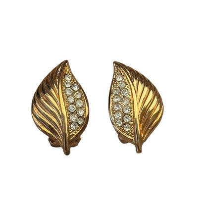 Lanvin Gold Silver Crystals Leaf Vintage Earrings