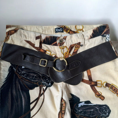 Dolce Gabbana D&G Velvet Horse Print Leather Belt Trousers Size M