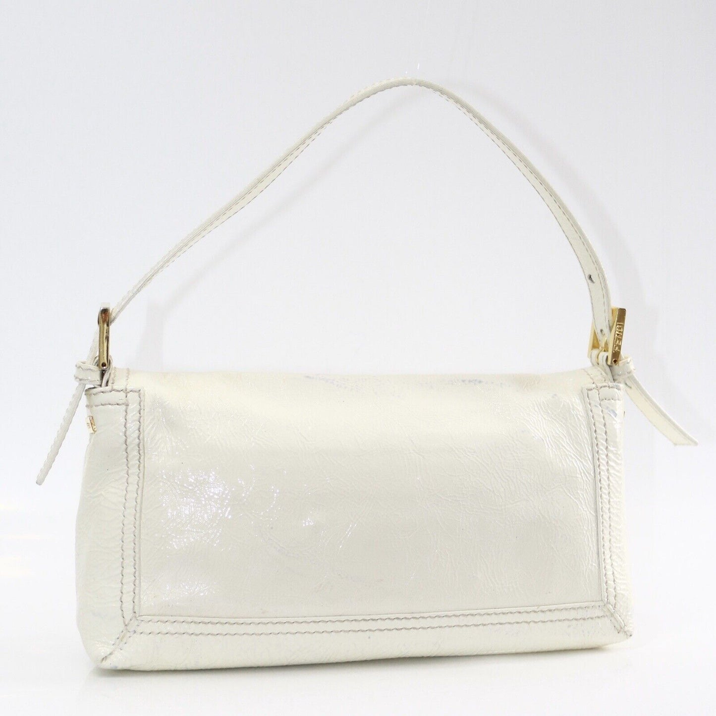 Fendi White & Gold Patent Leather Vintage Shoulder Baguette Bag