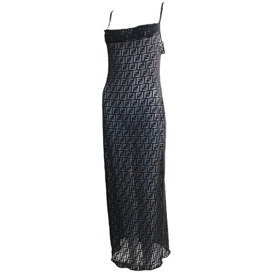 Fendi Vintage Black Sheer Zucca Monogram Maxi Dress Size M