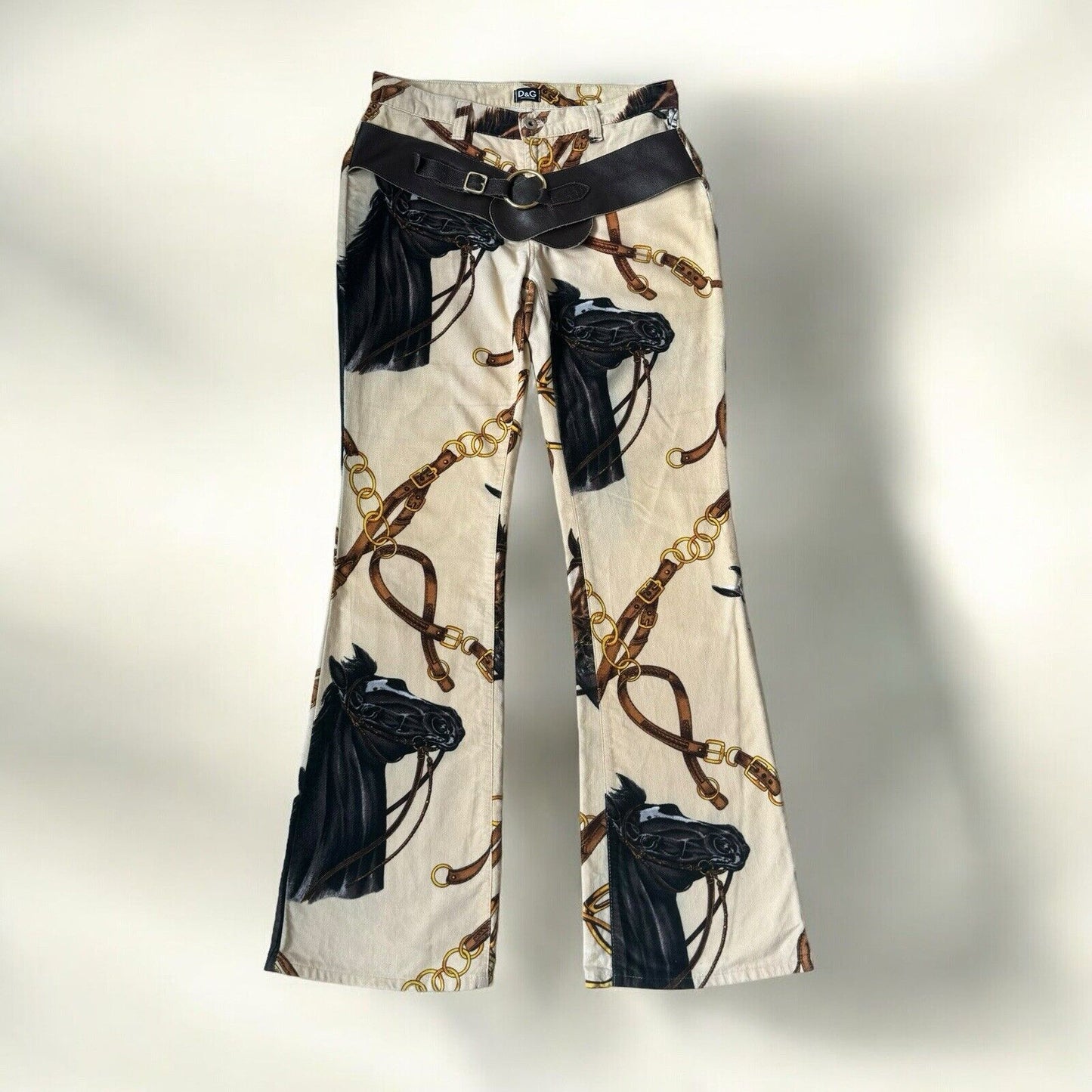 Dolce Gabbana D&G Velvet Horse Print Leather Belt Trousers Size M