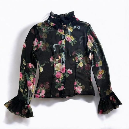 Blumarine Blugirl Black Floral Silk Ruffle Shirt Size IT 44