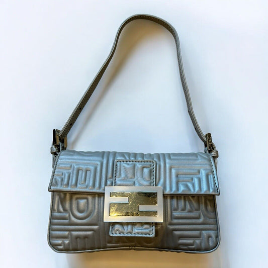 Fendi Silver Embossed Logo Mini Baguette Vintage Shoulder Bag