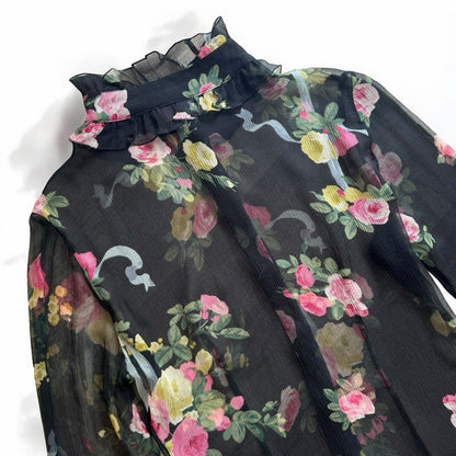 Blumarine Blugirl Black Floral Silk Ruffle Shirt Size IT 44