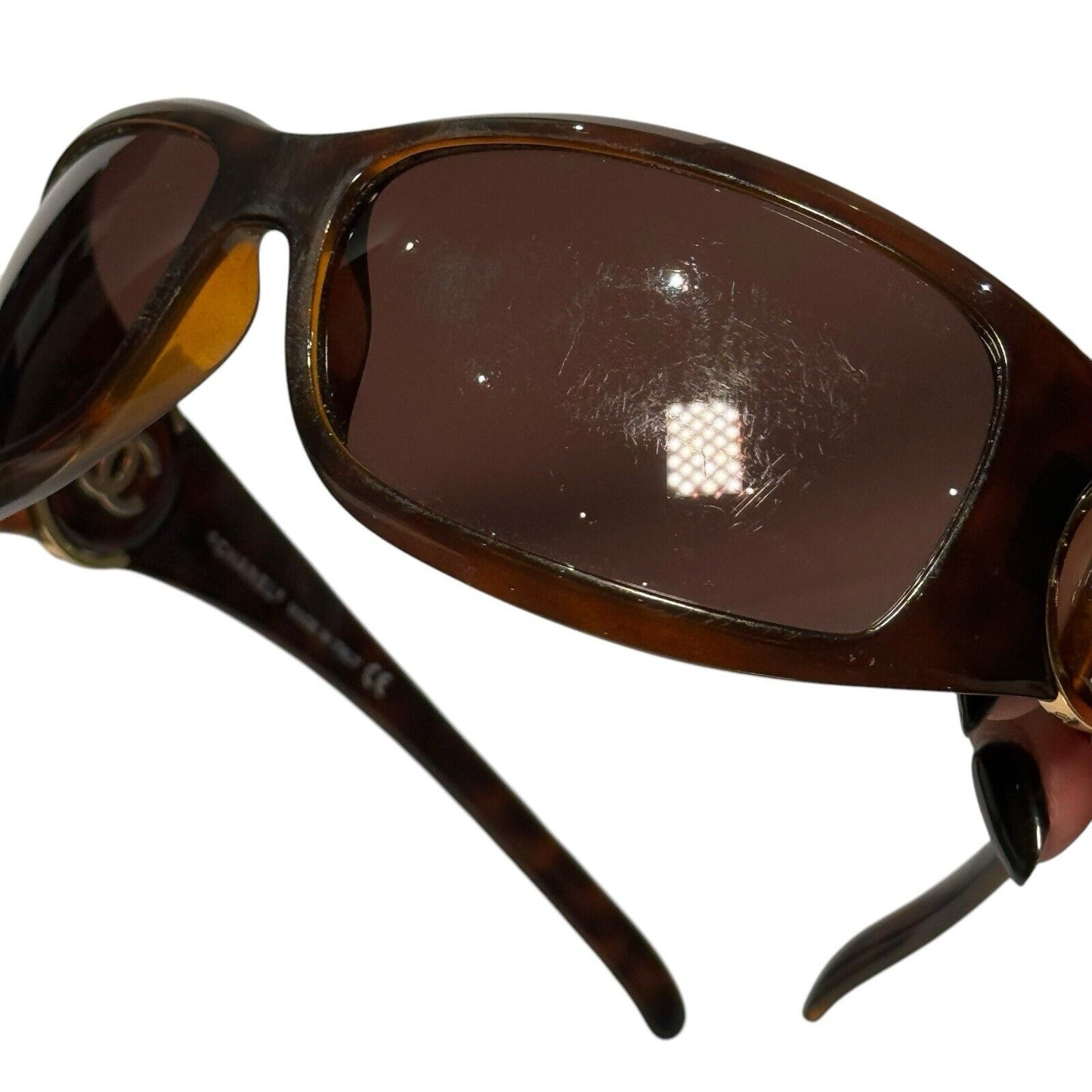 Chanel Logo Wraparound Sunglasses In Tortoiseshell Brown & Gold