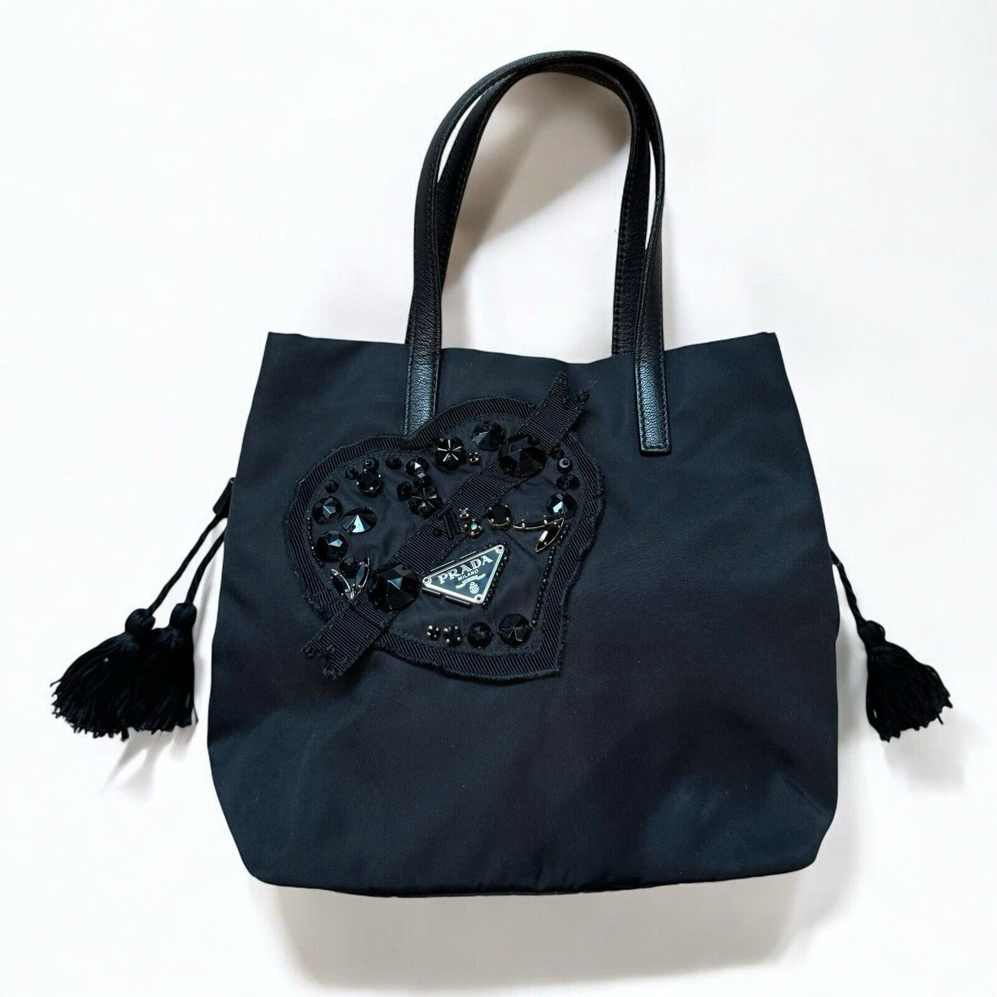 Prada Black Nylon Embellished Heart Small Top Handle Bag