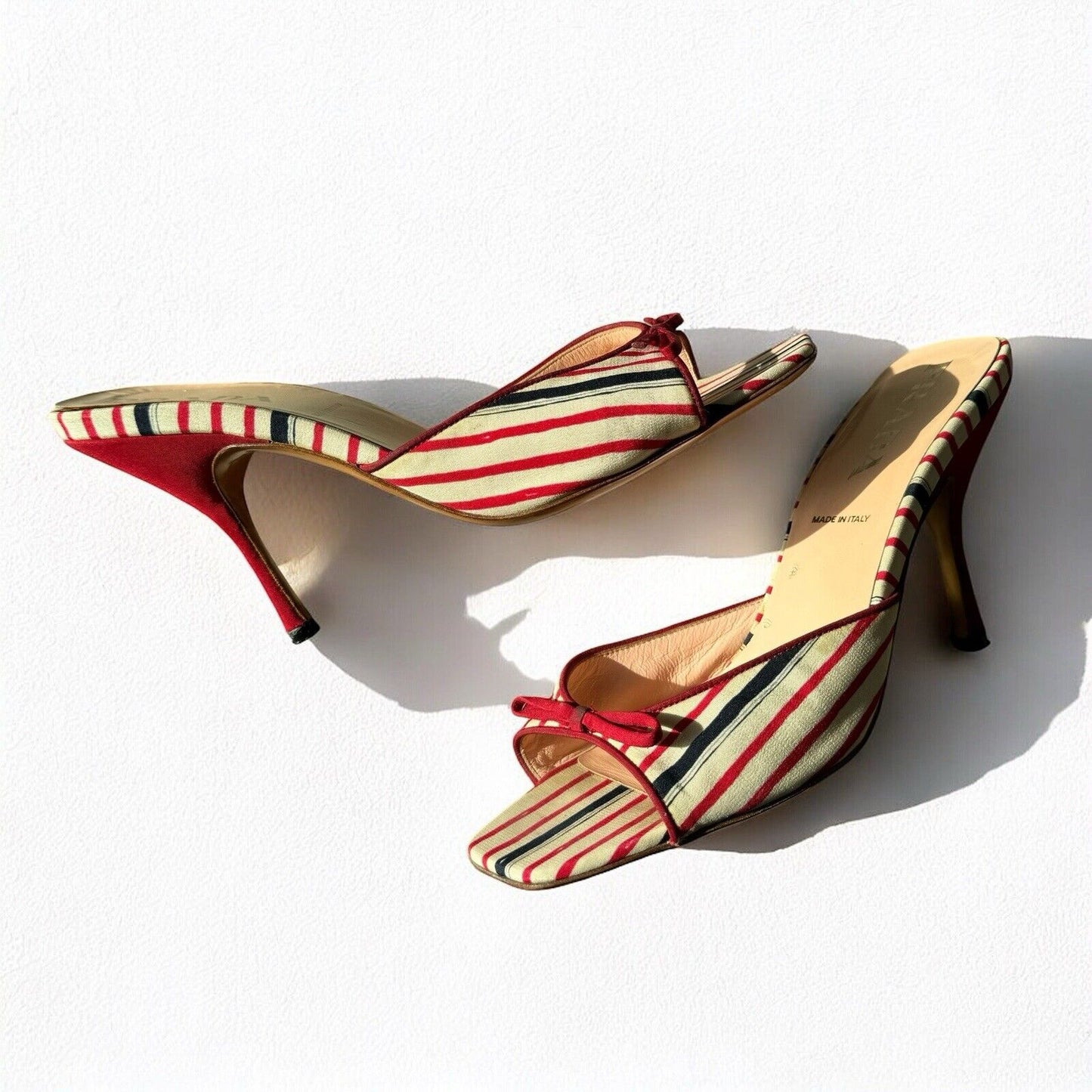 Prada Red & Navy Striped Bow Heels Size IT 39 UK 6