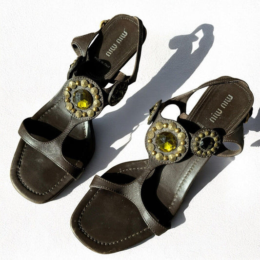 Miu Miu Brown Leather Strap Sandals Rhinestones Size IT 39