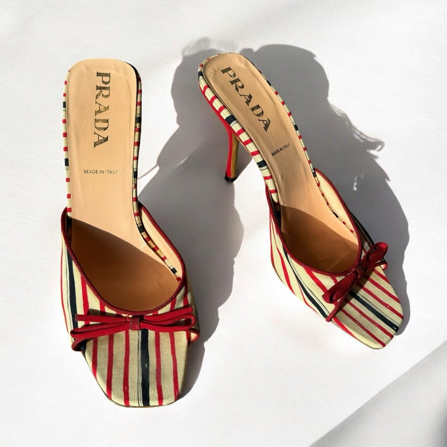 Prada Red & Navy Striped Bow Heels Size IT 39 UK 6