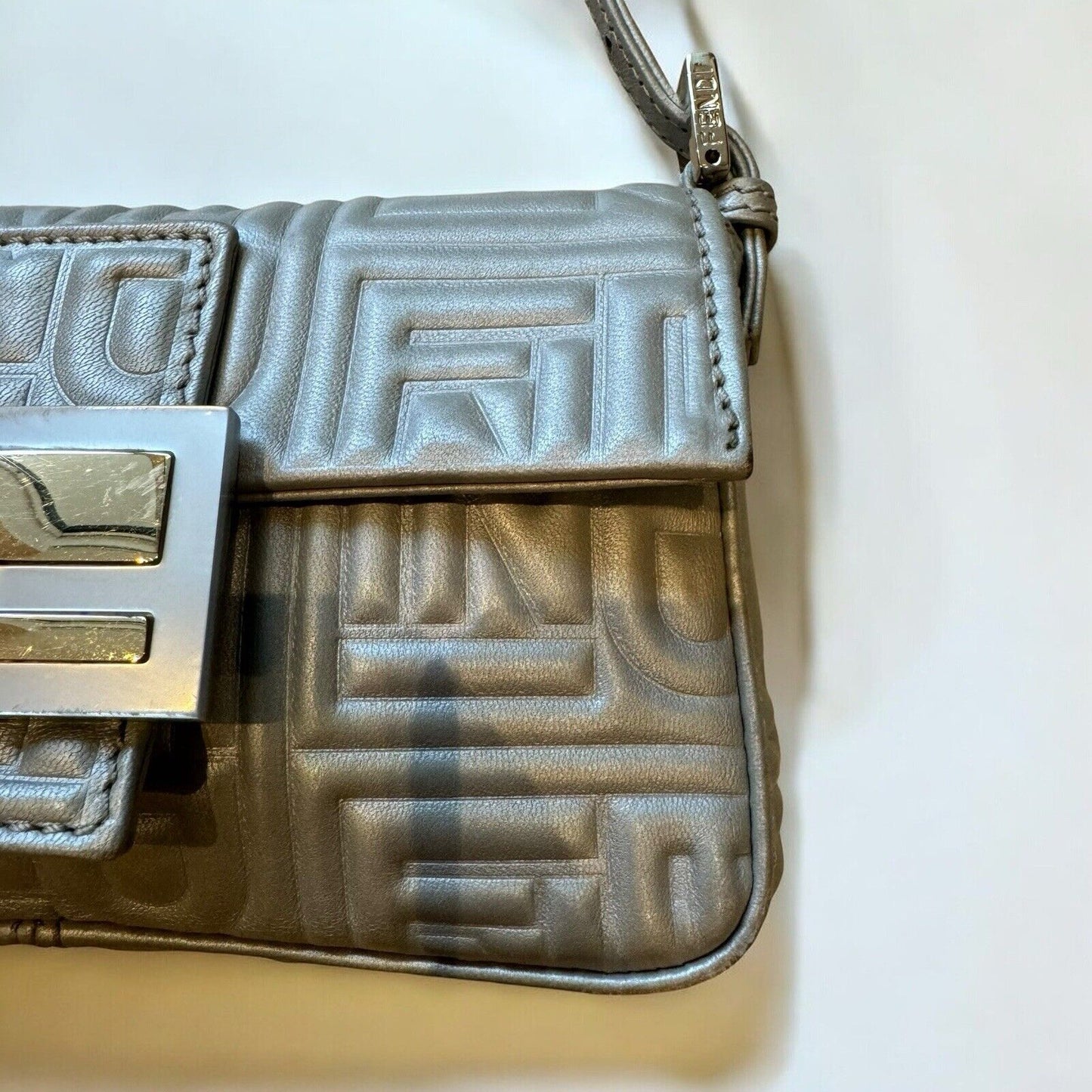 Fendi Silver Embossed Logo Mini Baguette Vintage Shoulder Bag