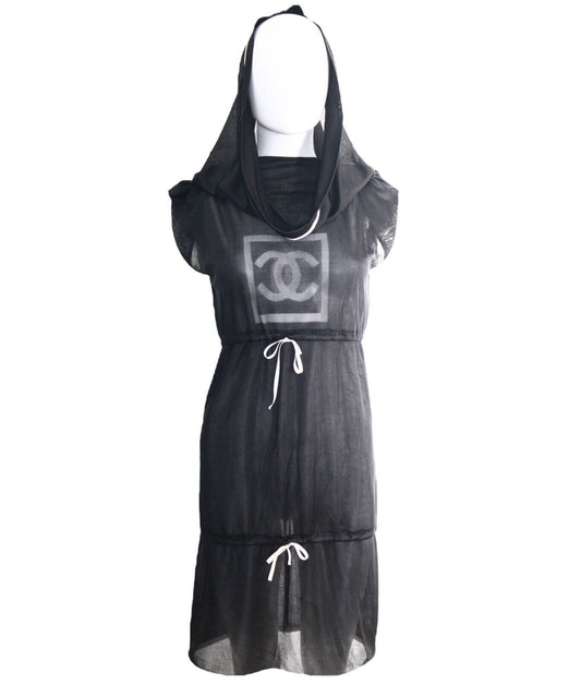 Chanel 2003 CC Sports Line Sheer Black Vintage Midi Dress Size 34