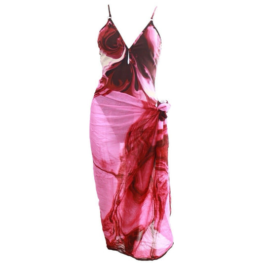 Gucci By Tom Ford 2001 Pink Lava Magma Print Vintage Swimsuit & Sarong Scarf Set