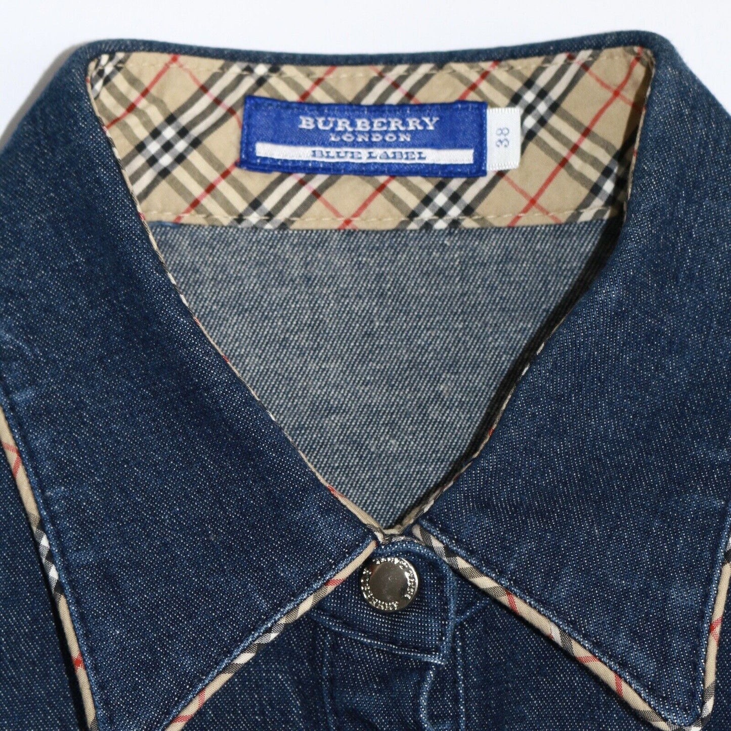 Burberry Vintage Navy Denim Shirt Plaid Beige Details Size 38