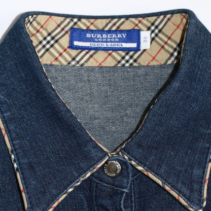 Burberry Vintage Navy Denim Shirt Plaid Beige Details Size 38