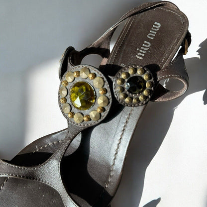 Miu Miu Brown Leather Strap Sandals Rhinestones Size IT 39