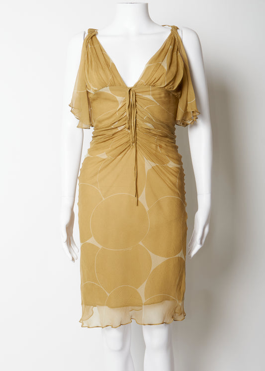 Gucci by Tom Ford 2002 Khaki Silk Floral Ruched Midi Dress