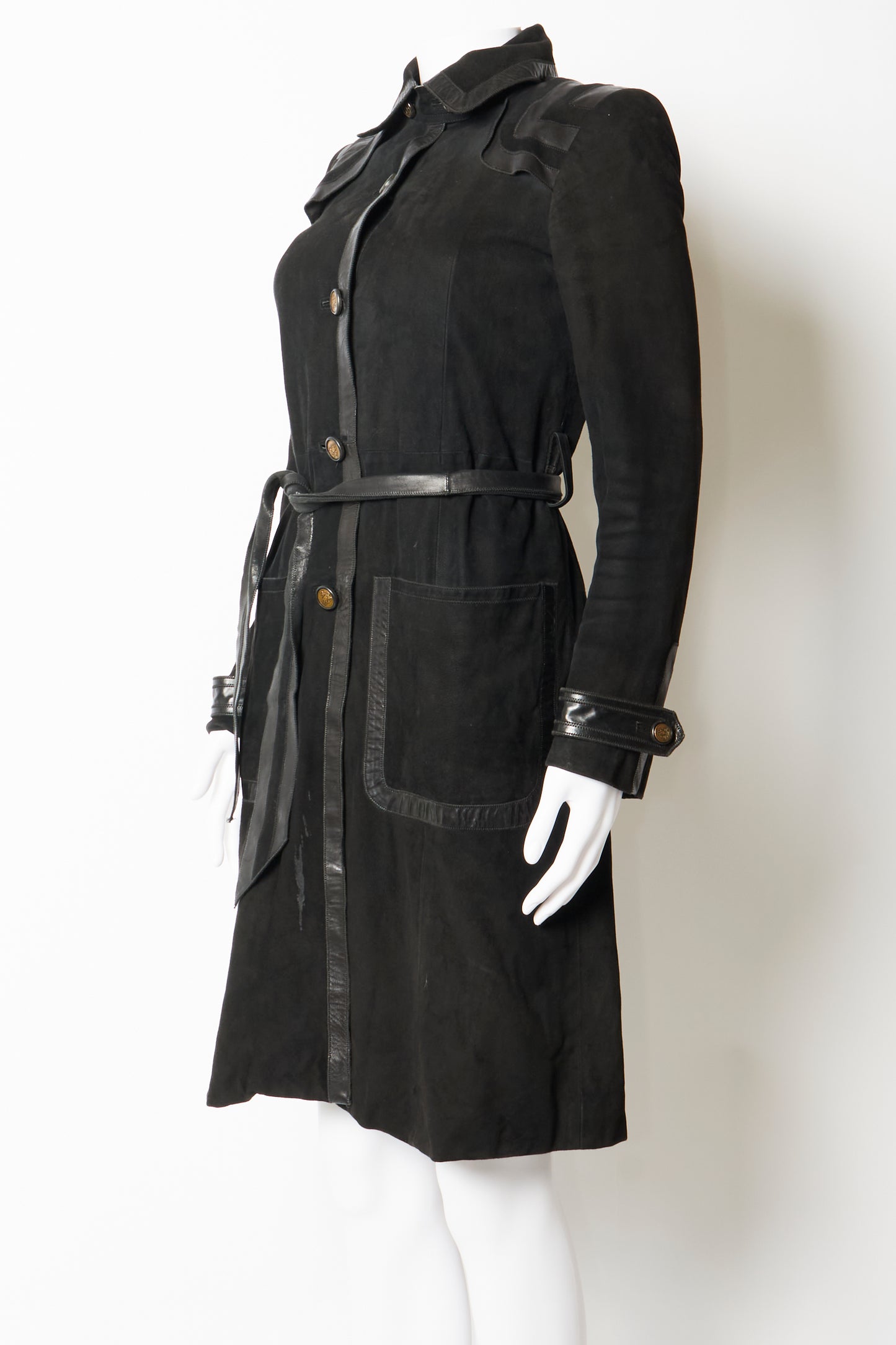 Gucci 2003 Black Suede Leather Belted Coat