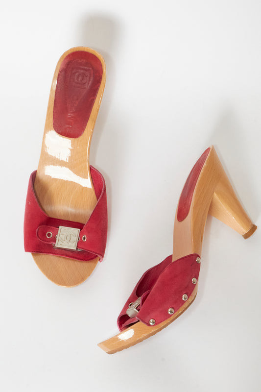 Chanel 2000s Red Suede Wood Heels
