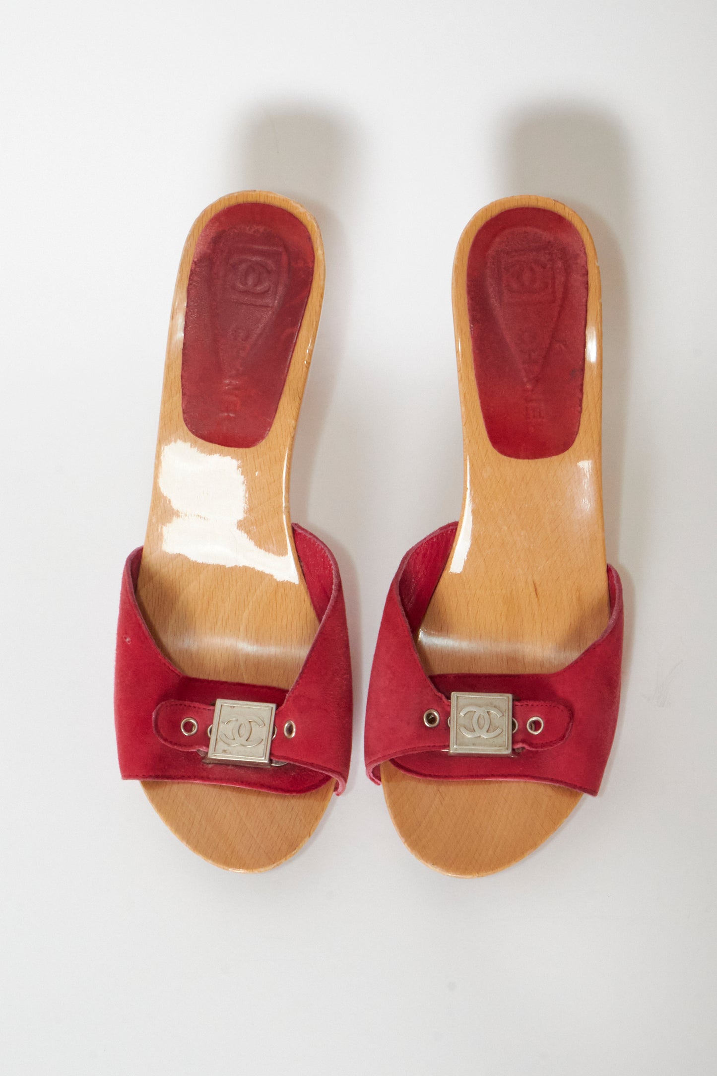 Chanel 2000s Red Suede Wood Heels