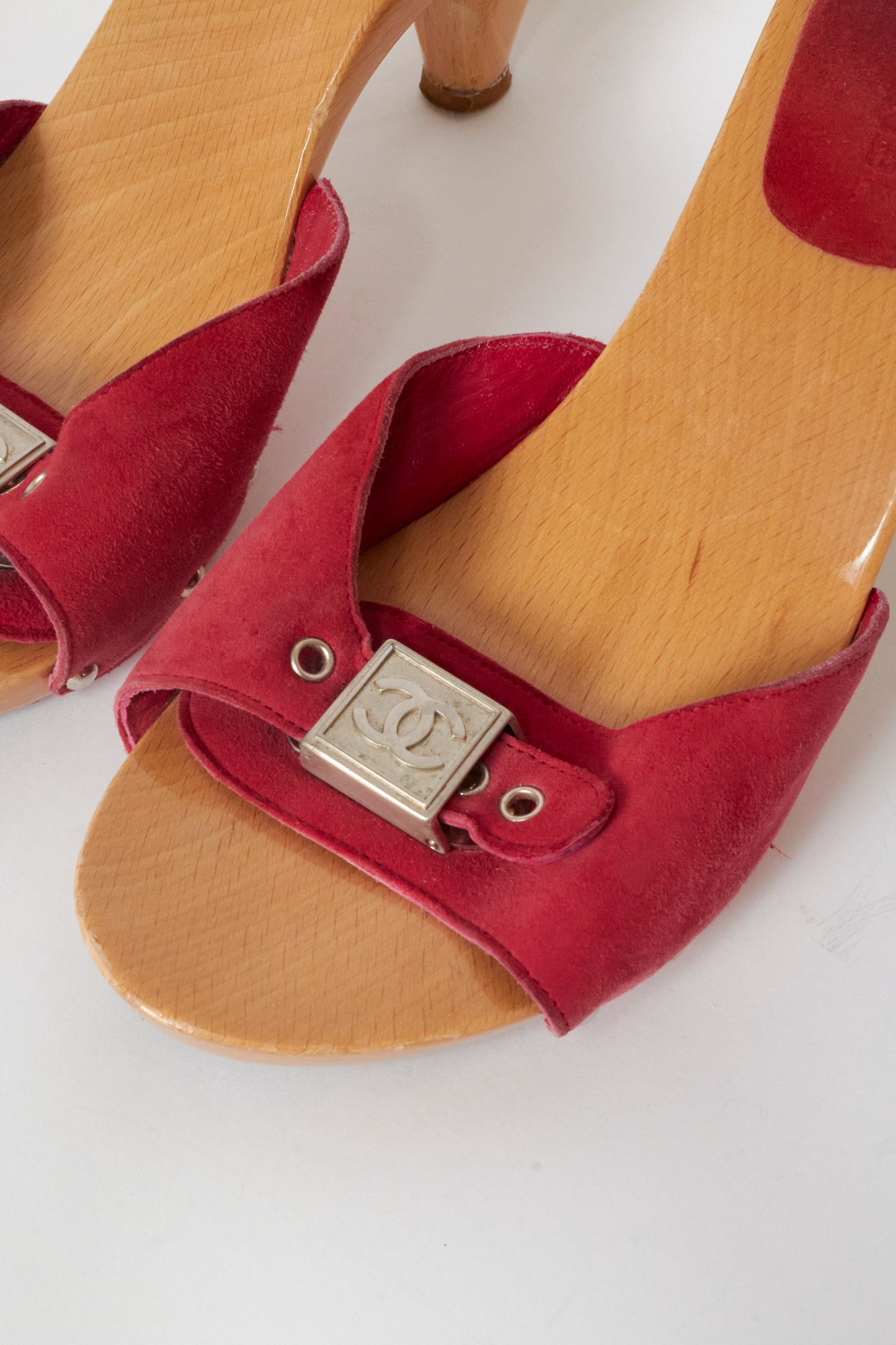 Chanel 2000s Red Suede Wood Heels