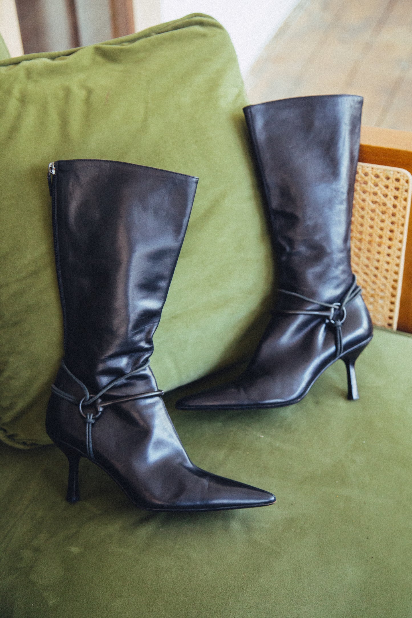 90s Black Leather Horsebit High Knee Boots