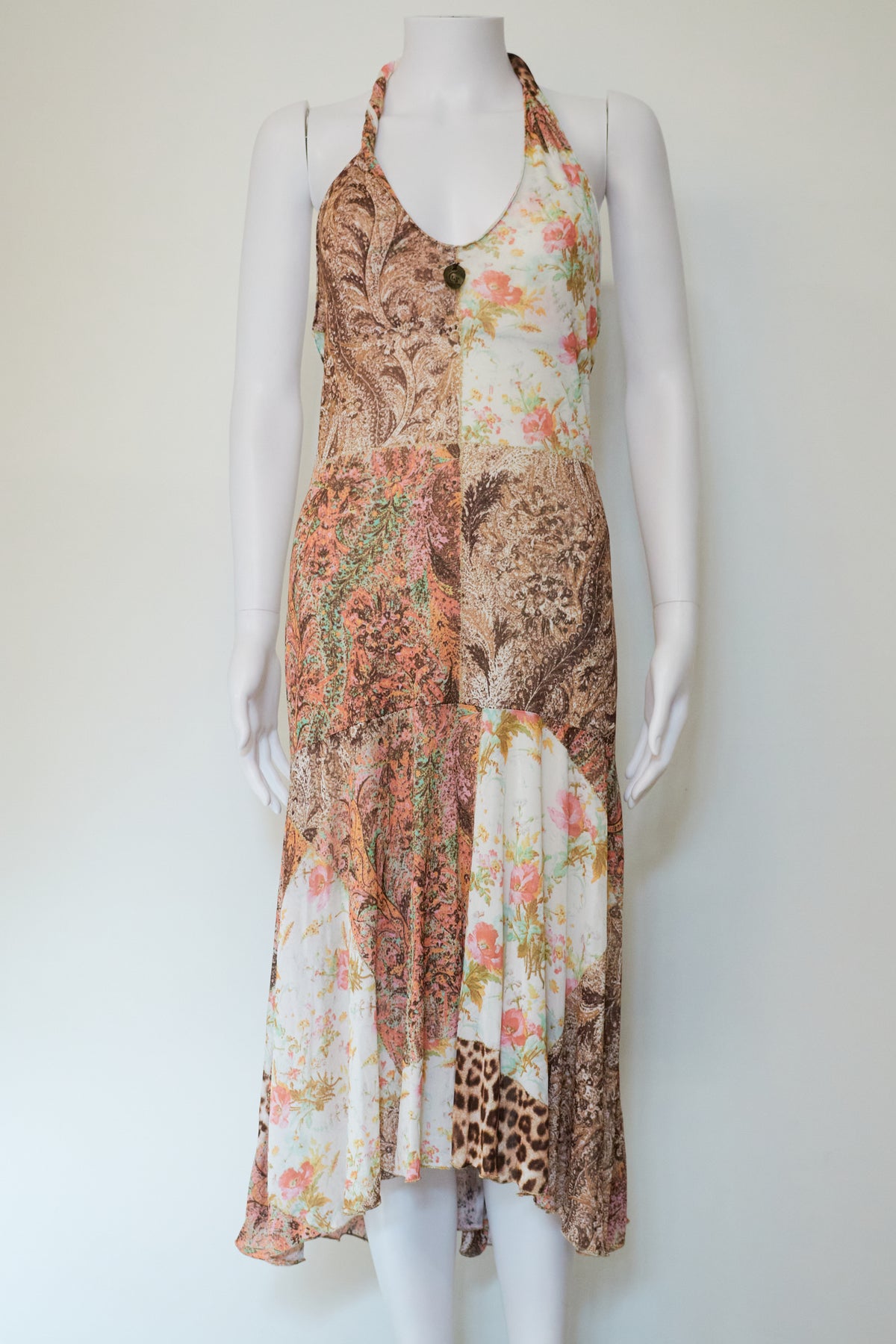 Roberto Cavalli Class 2000s Patchwork Floral Halterneck Midi Dress