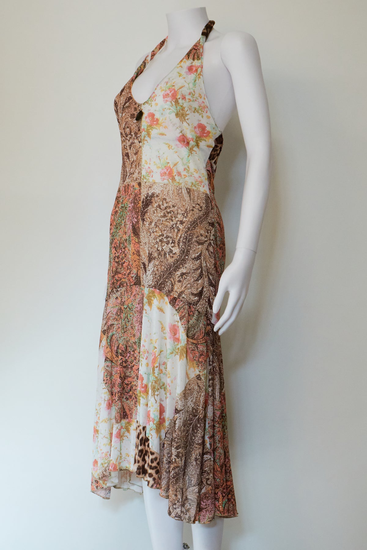 Roberto Cavalli Class 2000s Patchwork Floral Halterneck Midi Dress