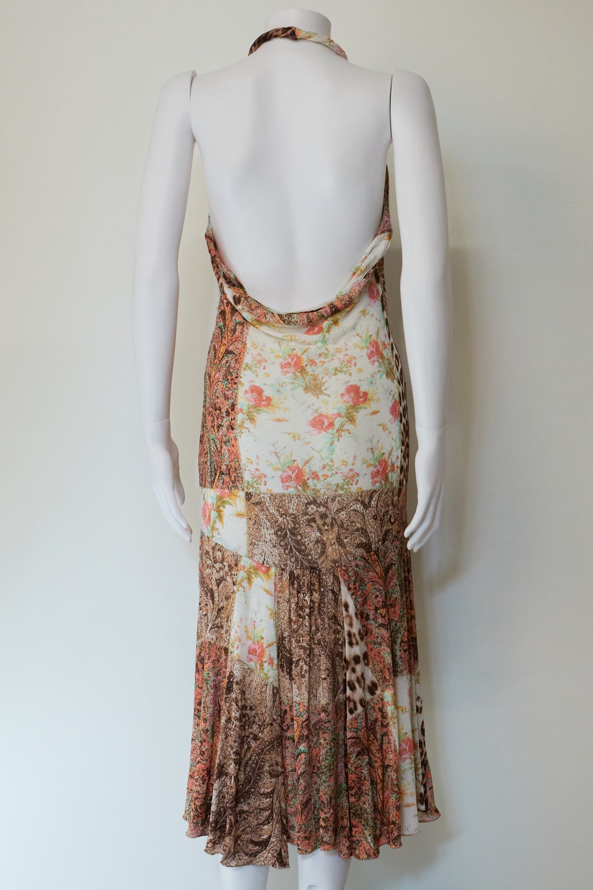 Roberto Cavalli Class 2000s Patchwork Floral Halterneck Midi Dress