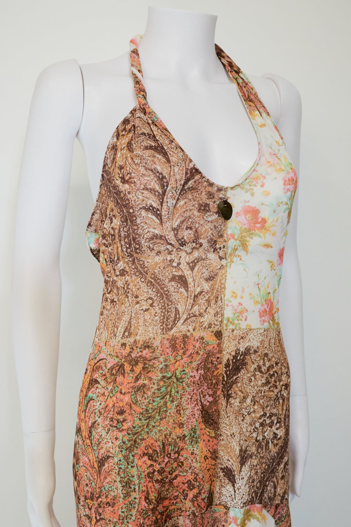 Roberto Cavalli Class 2000s Patchwork Floral Halterneck Midi Dress
