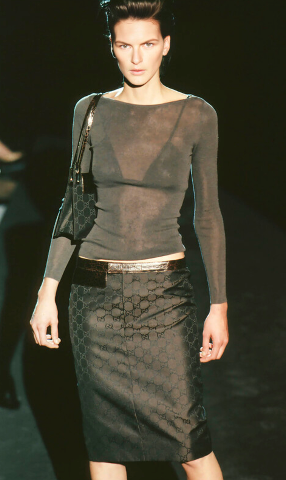 Gucci Tom Ford Spring 1998 Brown Monogram Midi Skirt